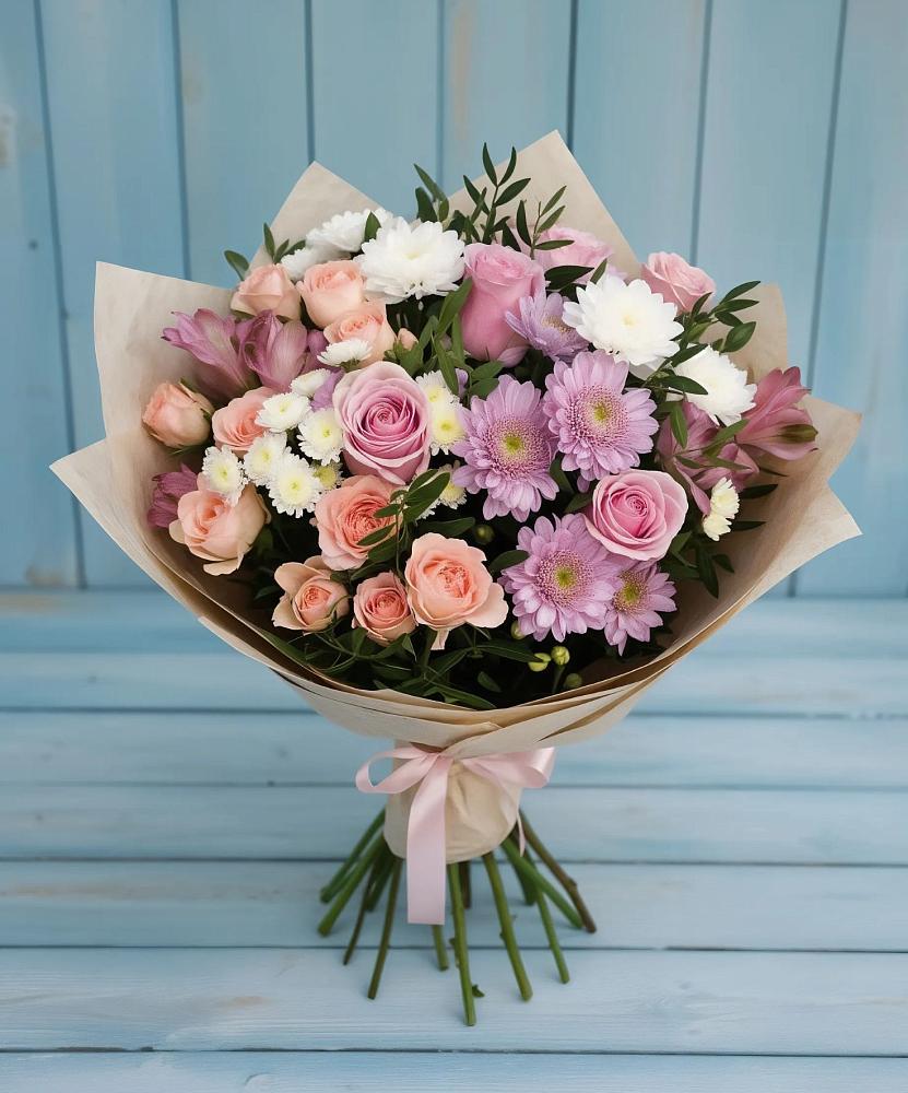 Букет цветов из: Хризантемы, Розы и Альстромерии в Дровяной