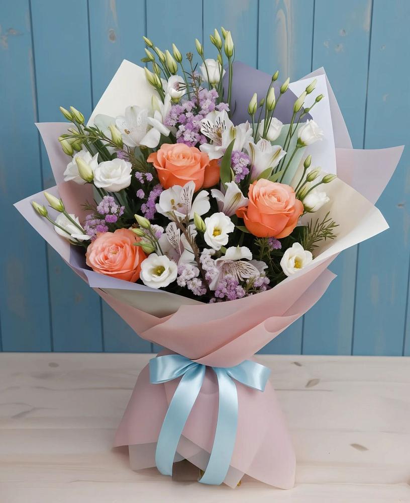 Букет цветов из: Лизиантусы, Розы, Альстромерии и Гипсофила в Дровяной