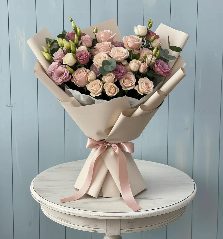 Букет цветов из: Розы и Лизиантусы в Дровяной