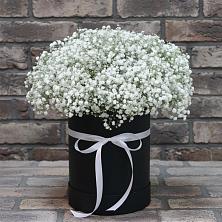Цветочная композиция из Гипсофила в шляпной коробке в Дровяной