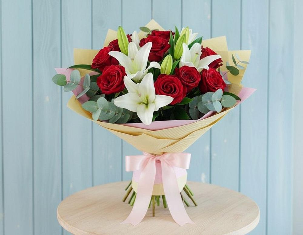 Букет цветов из: Лилии и Розы в Дровяной