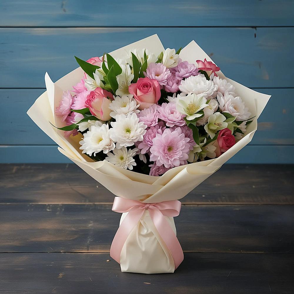 Букет цветов из: Хризантемы, Альстромерии и Розы в Дровяной